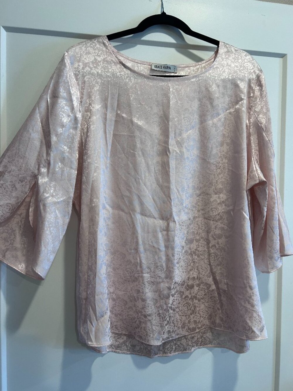 Grace Karin XL Pale Pink Satin Jacquard Floral Split Sleeve Blouse